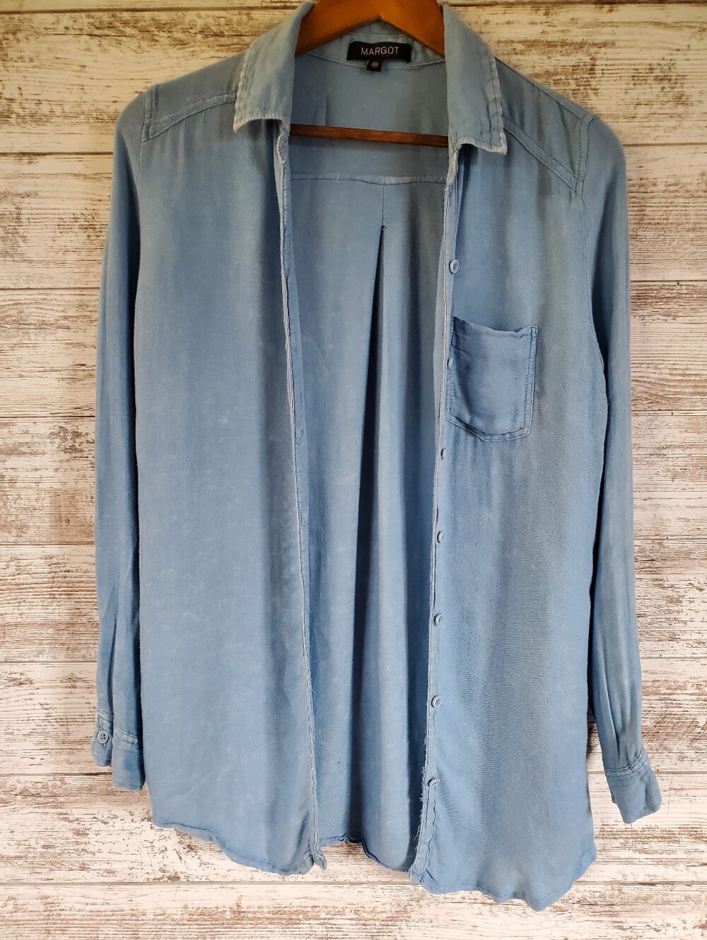 Margot Distressed Light Wash Button Down Shirt Super Soft Blue Rayon Blouse